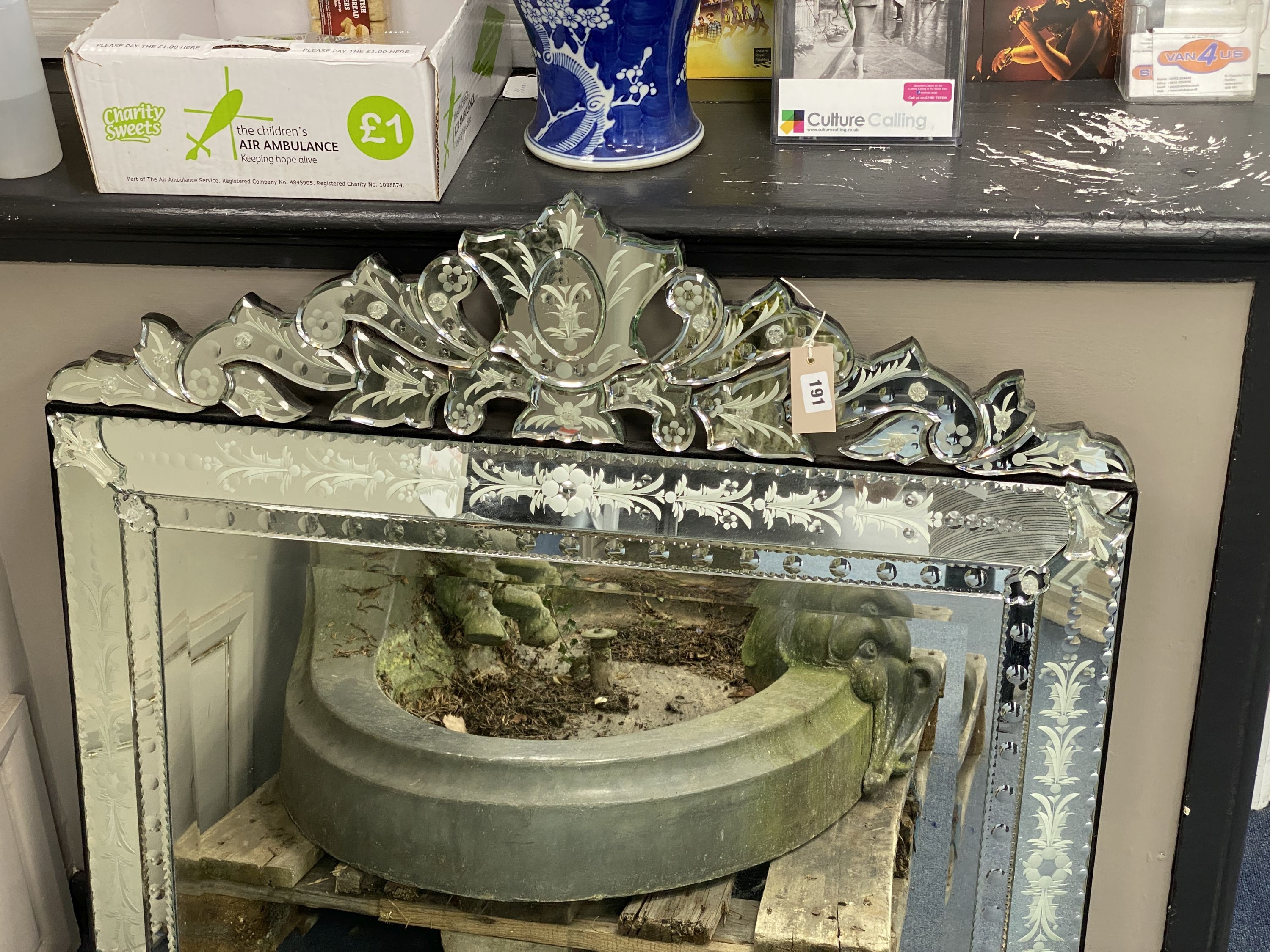 A rectangular Venetian engraved wall mirror with pierced scroll pediment, width 92cm, height 94cm